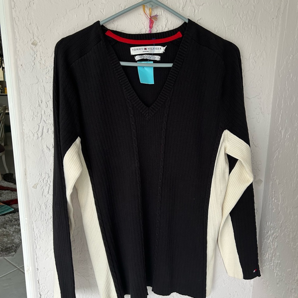 Tommy Hilfiger Black and White V-Neck Sweater